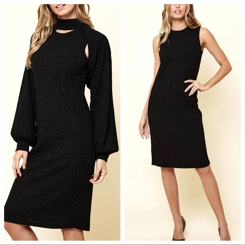 Sleeveless Dress with Ribbed Turtleneck Bolero
SET - Picture 1 of 5